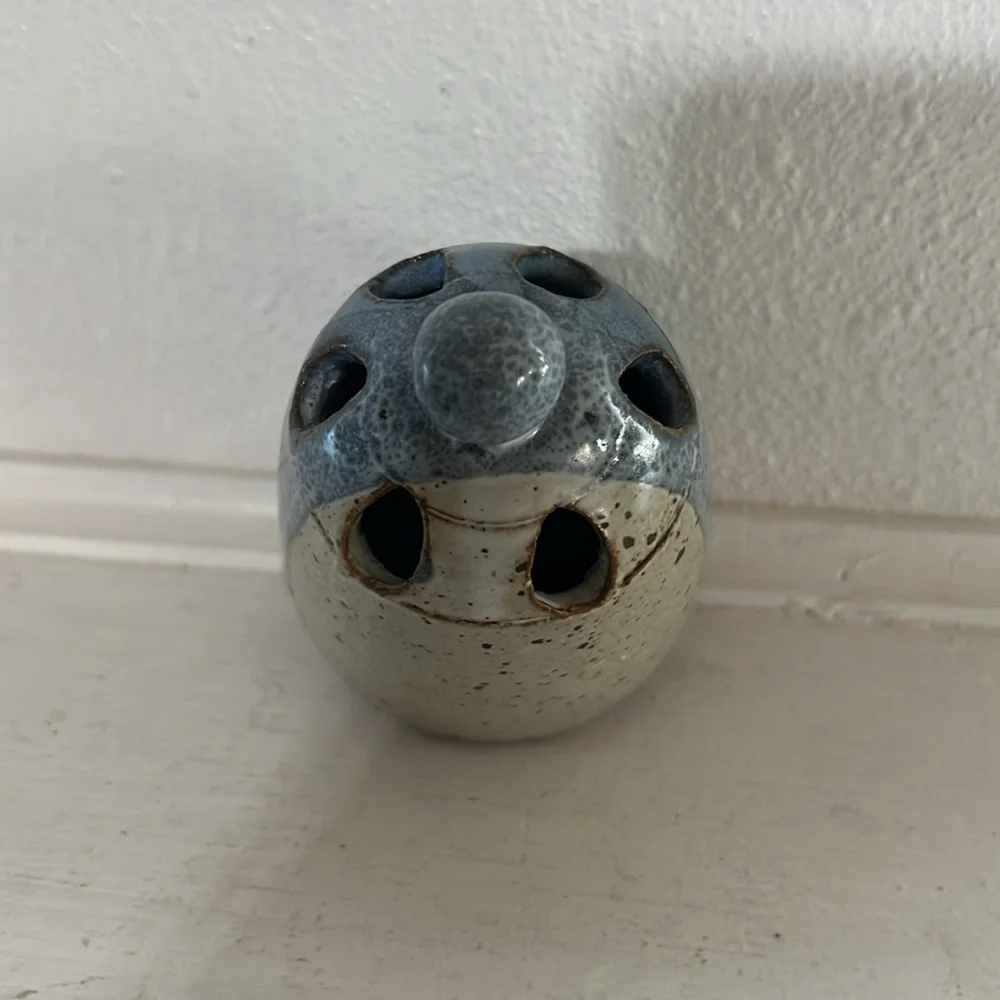Handmade pottery frog floral holder with multiple holes blue gray glaze